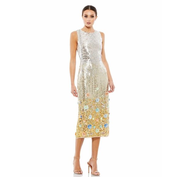 NWT Mac Duggal Silver High Neck Midi Sequin Dress 3D Flower Silver Multi 8 #8322 - Picture 1 of 8